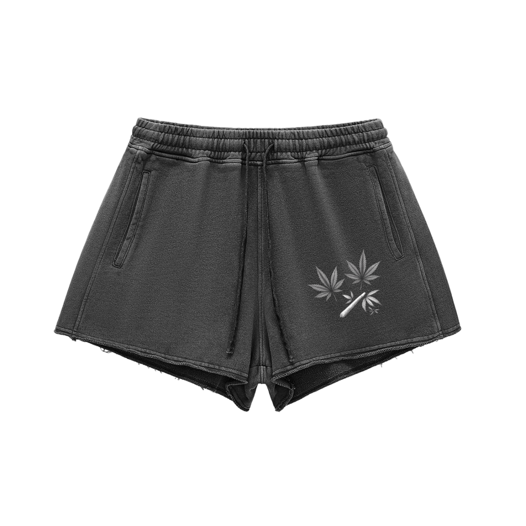 "Dispensary" - Women Snow Washed Raw Edge Drawstring Shorts